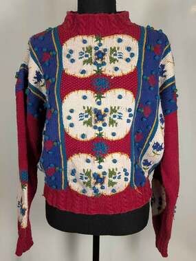 Vintage 90s I.V.Y Womens L Red Blue Chunky 3D Pom Pom Knit Sweater Ramie Cotton